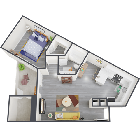 a bedroom with a bed and a chair in a room